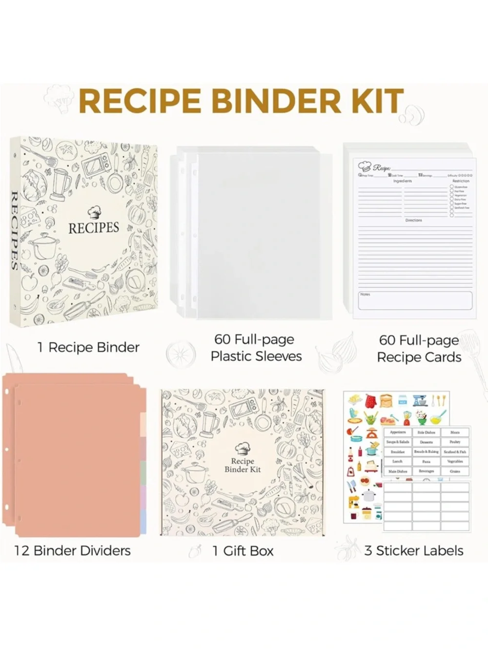 NEW in Box Recipe Binder 60 Plastic Sleeves, 12 Dividers, 60 Blank Recipe Cards
